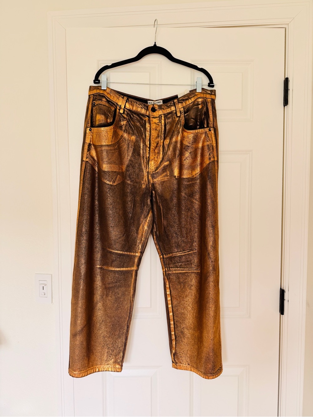 Free People Good Luck Metallic Barrel Jeans Bronze Mid Rise Statement Pants 32